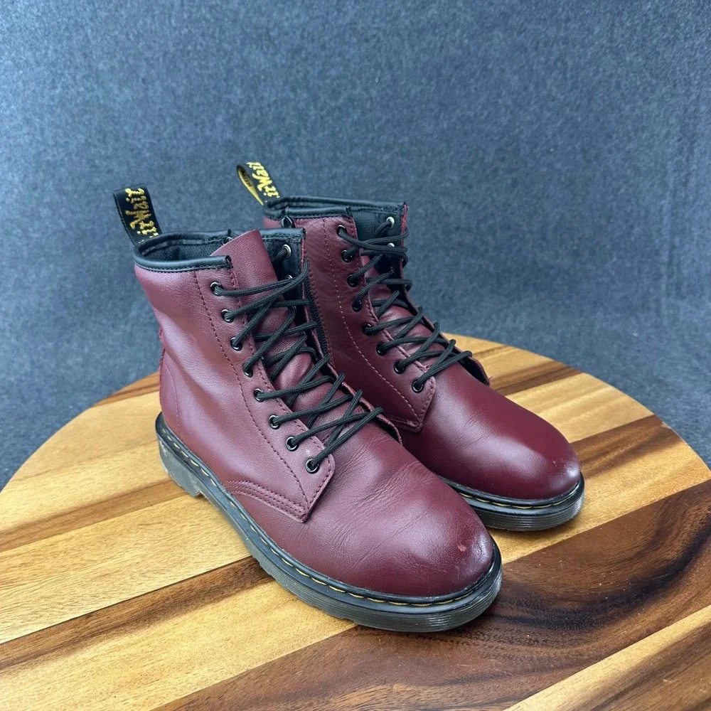Dr Martens 1460 J Womens Burgundy Leather Lace Up Side Zip Combat Boots Size 5L